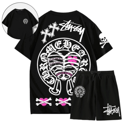 【 Stüssy & Chrome Hearts & mastermind 】割引を制限する【2本目は半額の4990円で販売します】コントラストカラースケルトン半袖ショートパンツスーツ「正規品保証、公式と同じデザイン」通気性のある生地、色あせしません