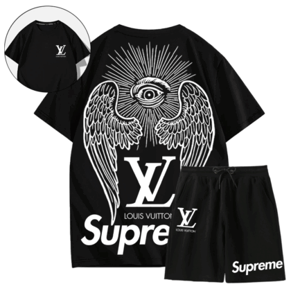【 LOUIS VUITTON & supreme 】ラインデザインの目と羽半袖ショートパンツスーツ「正規品保証、公式と同じデザイン」トレンディなファッションスタイル、通気性があり快適なスーツ