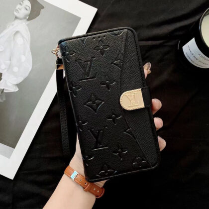LV Louis Vuitton ブラック きんぞく 大柄モノグラム エンボス加工 電話ケース zm