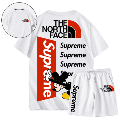 【 THE NORTH FACE & SUPREME 】Mickey Mouse 立体感漫画のスタイル半袖ショートパンツスーツ「正規品保証、公式と同じデザイン」通気性のある生地、色あせしません