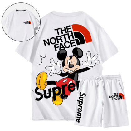 【THE NORTH FACE & SUPREME】ユニークな漫画の形半袖ショートパンツスーツ「本物であることが保証されています」人気のファッション、生地も軽く涼しく、とても履き心地が良かったです