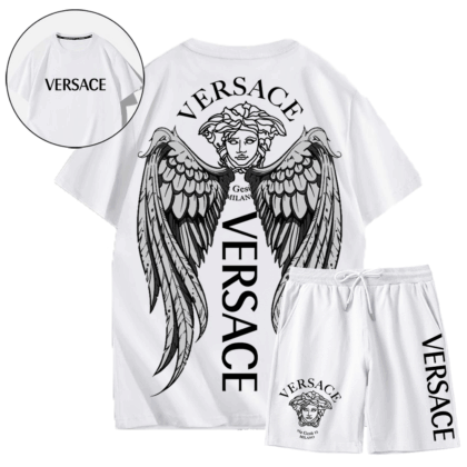 【VERSACE】割引を制限するおしゃれな羽半袖ショートパンツスーツ「正規品保証、公式と同じデザイン」トレンディなファッションスタイル、通気性があり快適なスーツ
