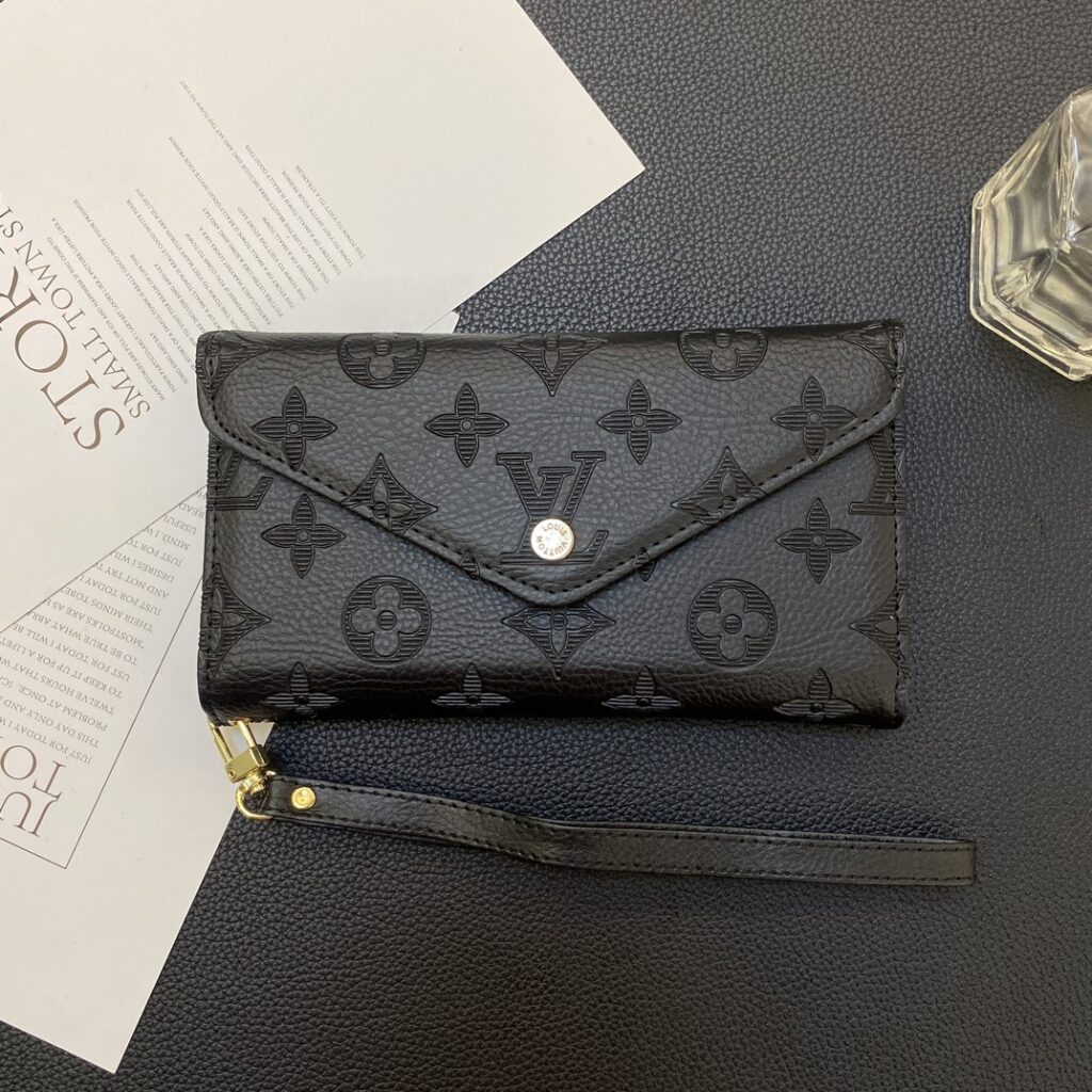 LV Louis Vuitton ブラウン エンボス加工 小柄モノグラム 封筒スタイル 電話ケース zm